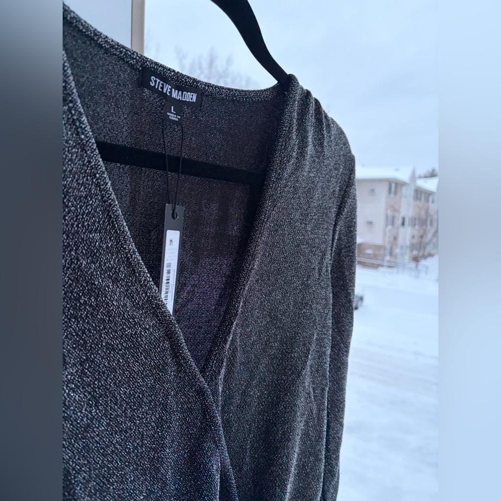 🆕✨ Steve Madden Metallic Silver Wrap Bodysuit Top Long Sleeve Party Size L Chic - Picture 8 of 15